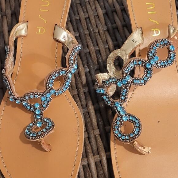 UNISA Rhinestone Cork Wedge Sandals 8 Tan Turquoise Flip Flop Beach Glam Resort - Picture 2 of 10